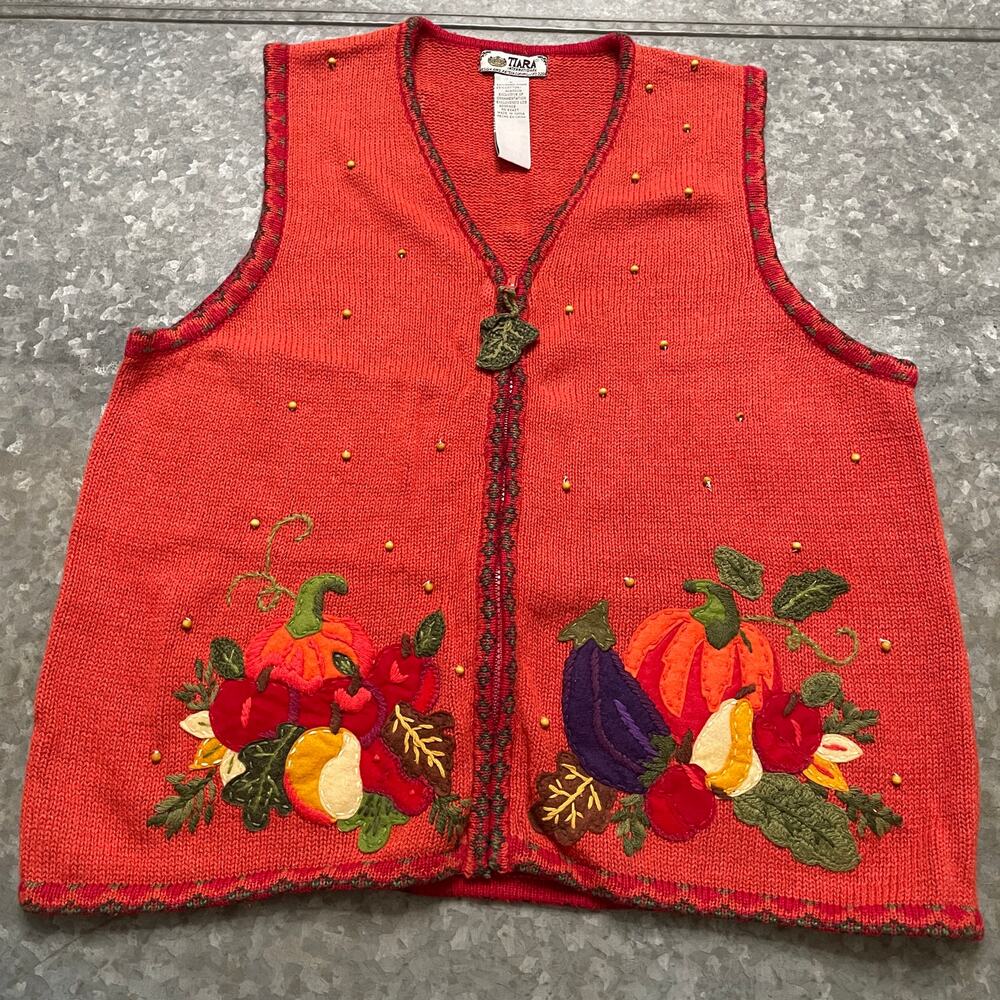 Vintage Tiara International Fall Harvest Knit Sweater Vest Womens Large Autumn